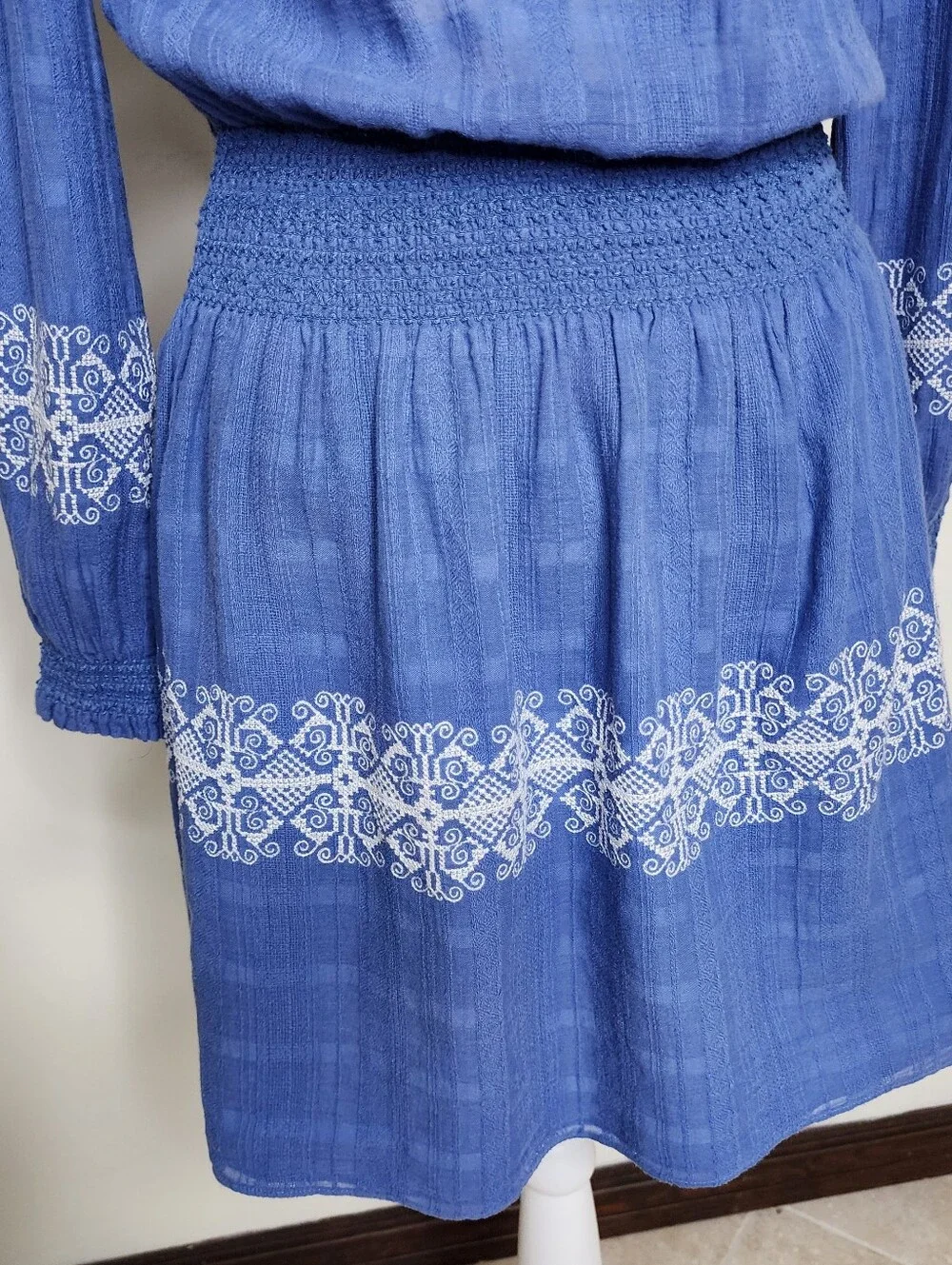 Tory Burch Blue Cotton Off-Shoulder Embroidered Women’s Smocked Mini Dress XS